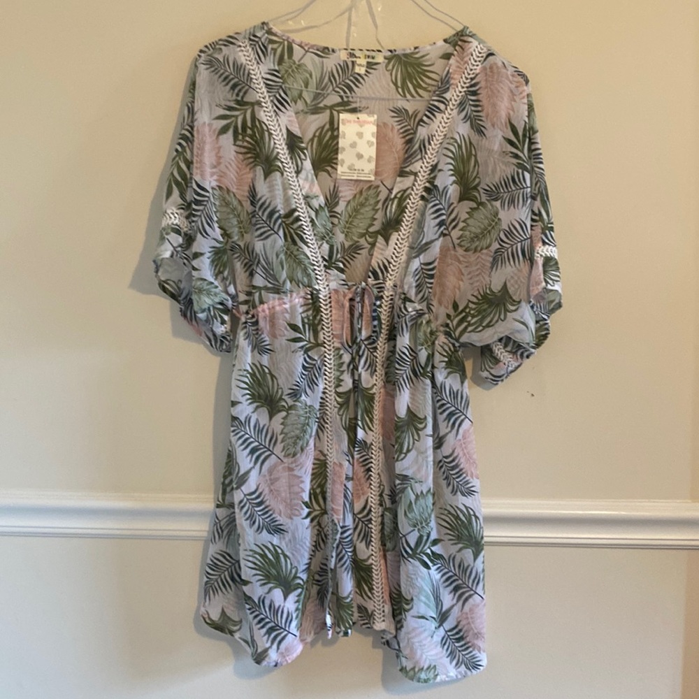 NWT Large Miken Swim Semi-Sheer Coverup Drawstring Tropical green pink Cover-Ups